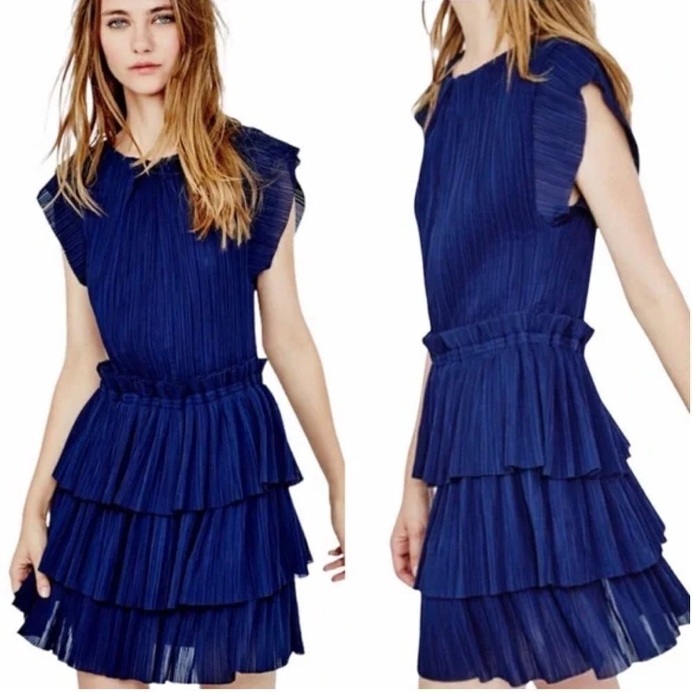 Maje Mini Dress Women Navy Size 2 Pleated Ruffle Tiered